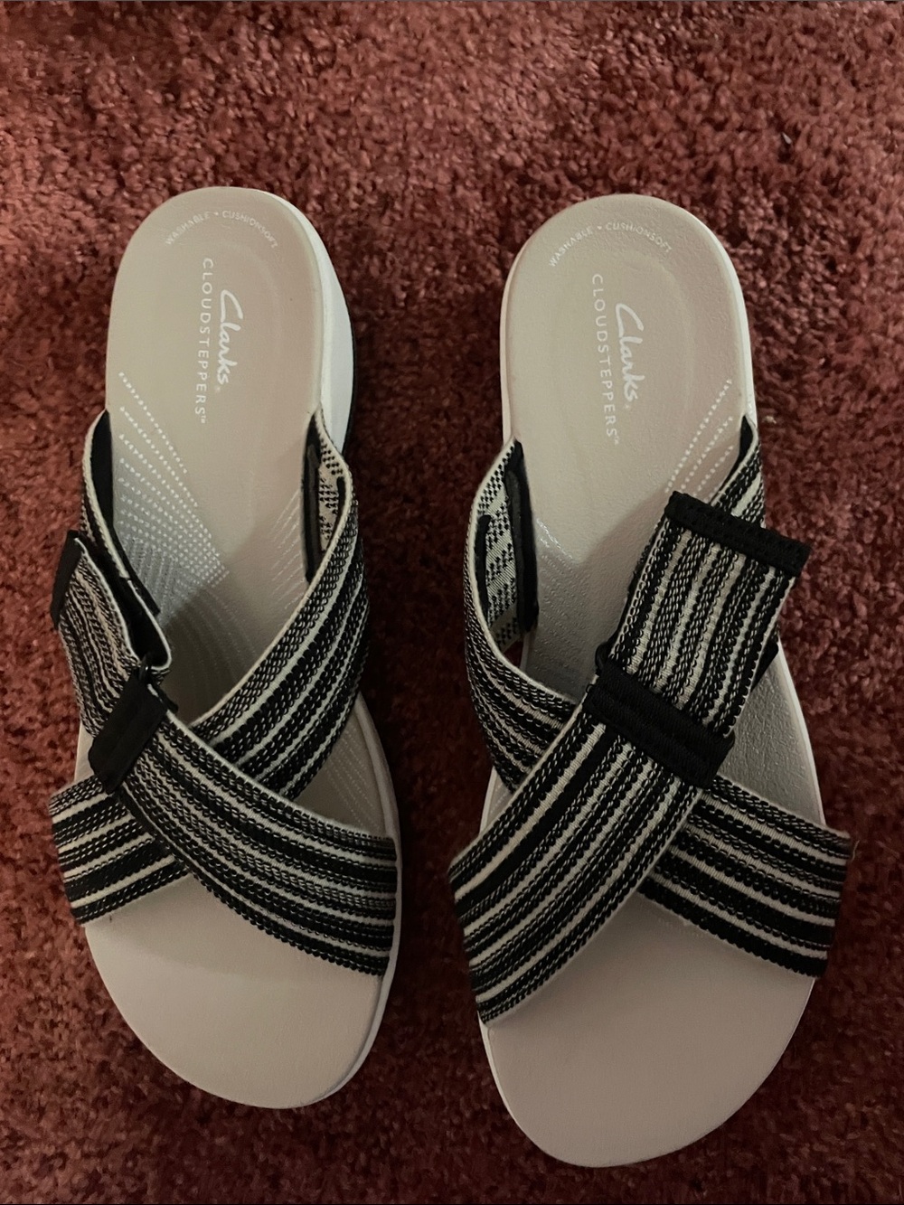 Clarks Women's Black and White Striped Crisscross Slide Sandals